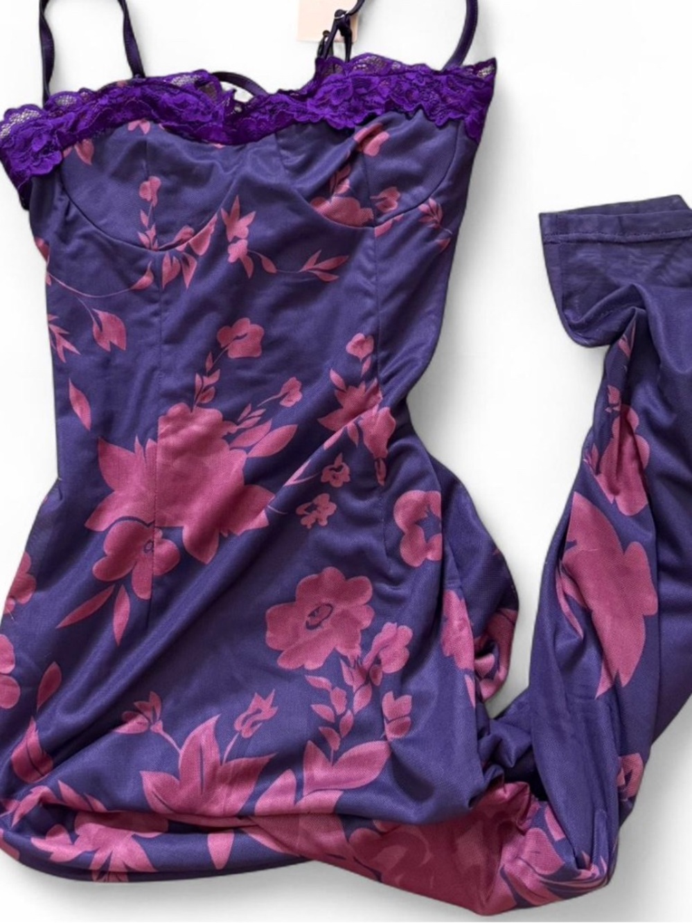 Purple Floral Lace-Trim Chemise Slip with Pink Print